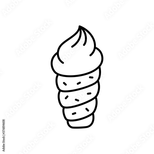 Cream puff pastry roll. Trdlo logo. Doodle dessert icon. Black hand drawn illustration of Trdelnik with soft ice cream. Contour isolated vector on white background. Cartoon bakery product emblem