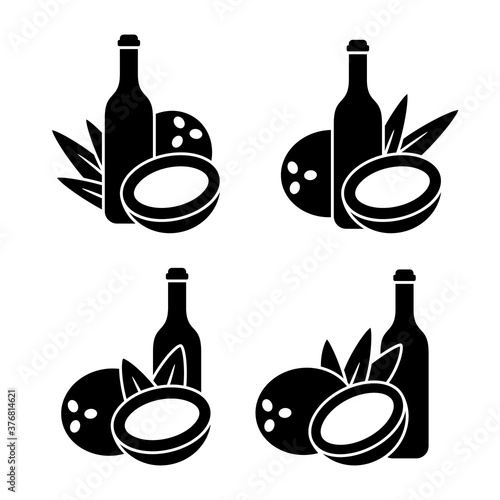 Silhouette icon set of coconut water, milk or butter. Bottle, tropical fruit, leaves. Outline emblem of drink, massage oil packaging. Black and white body cosmetic illustration. Flat isolated vector
