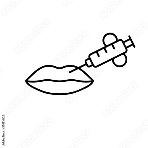 Lip injection. Line art icon of contour plastic. Black simple illustration of lip augmentation with fillers, botox or hyaluronic acid. Contour isolated vector, white background. Beauty product emblem