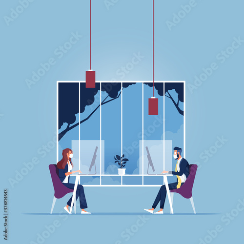New normal concept and physical distancing people working keep distance and wearing face mask prevention from disease outbreak vector illustration. New normal after COVID-19 pandemic concept
