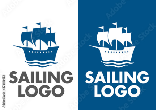 Sailing logo. Silhouette of an old sailing ship. Symbol for identity