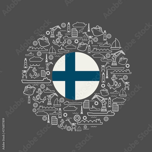 Sea port concept. Freight vessels or ships icons. Maritime transportation. Brochure  report or cover design template. Flag of Finland in the center of circle frame with thin line icons.