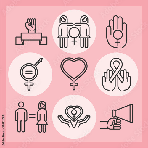 feminism movement icon, female rights pictogram line icons pack