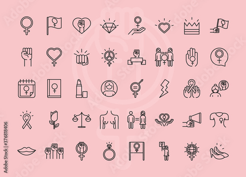 feminism movement icon, pink background female rights pictogram line icons set photo