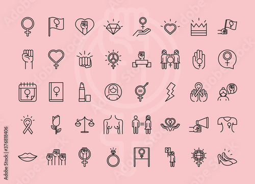 feminism movement icon, pink background female rights pictogram line icons set