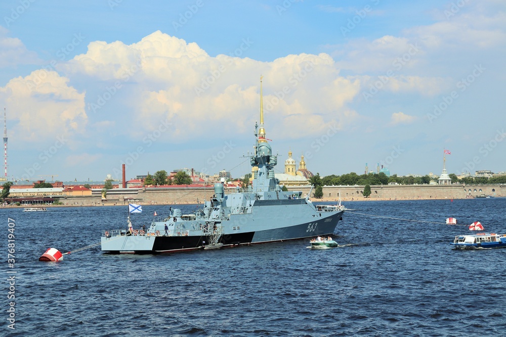  military ship corvette on the roadstead of the Neva river
