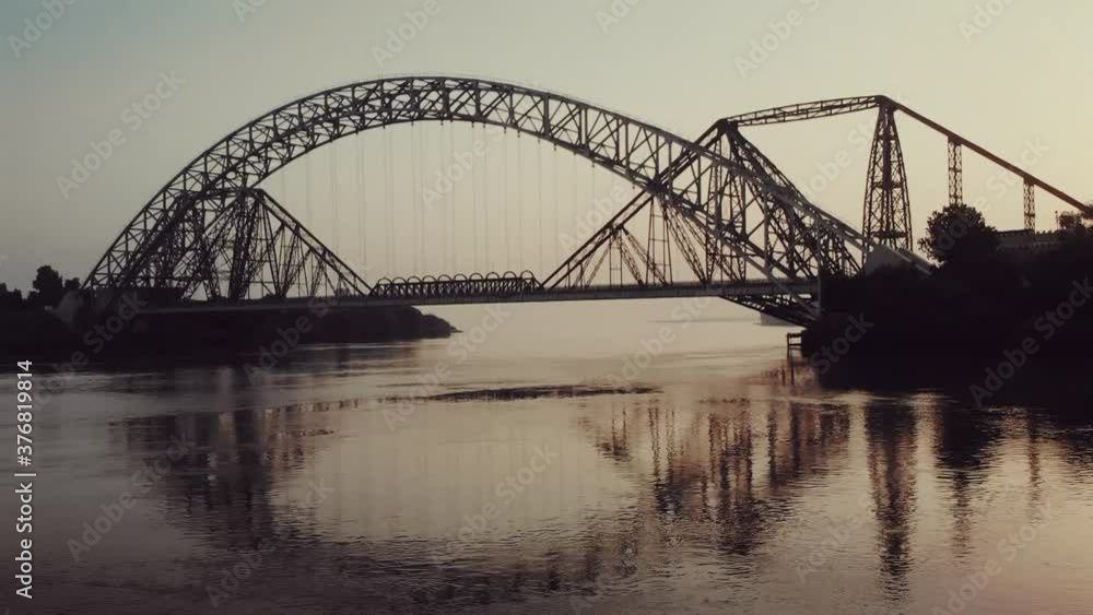 View Of Lansdowne And Ayub Bridge Over Indus River During Evening Light. Aerial Follow Shot View Of Lansdowne And Ayub Bridge Over Indus River During Evening Light. Aerial Follow Shot