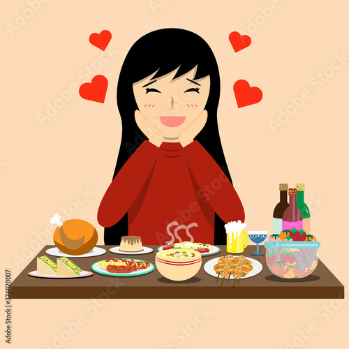 a girl feeling happy to see a lot of food in front of her face vctor