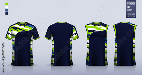Blue Green Abstract pattern T-shirt sport, Soccer jersey, football kit, basketball uniform, tank top, and running singlet mockup. Vector.