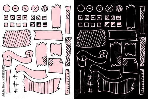 A set of different elements for the daily planner. Scheduling of tasks. The design of the diary. Notes, tape, icons for completed, unfulfilled, and deferred tasks. Set with a filling and without it