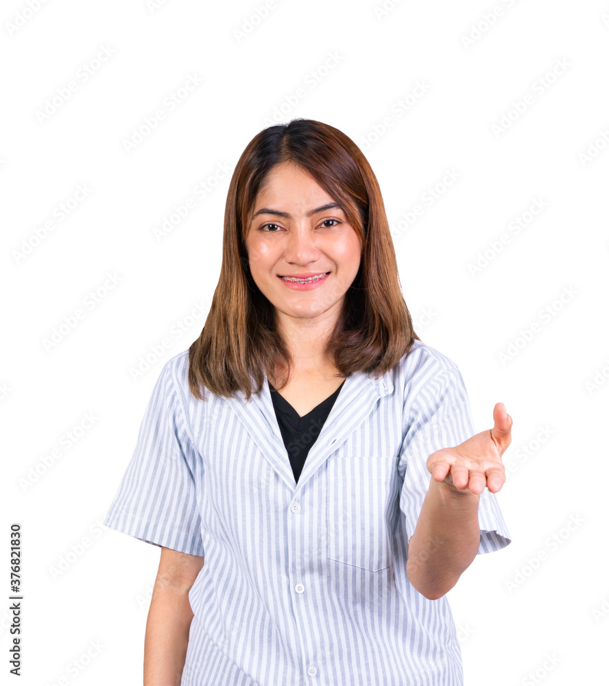 woman showing open hand for product or something portrait on white background woman showing open hand for product or something portrait on white background