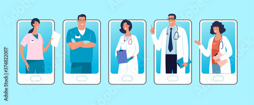 Set of phones with male and female characters of doctors on the screen. Concept of online clinic, call and video consultation with medical specialists. Flat vector illustration