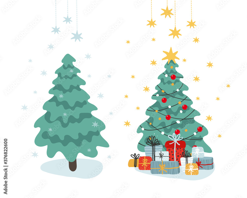 Clip-art for design and new year. A set of Christmas tree in the forest and decorated with a star, garlands and gifts. Flat vector illustration. Cartoon style isolated on white background