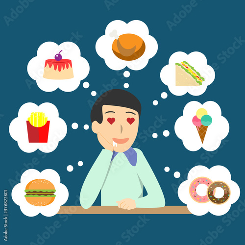 Hungry man thinking what he wants to eat. Thinking of favourite food concept vector.