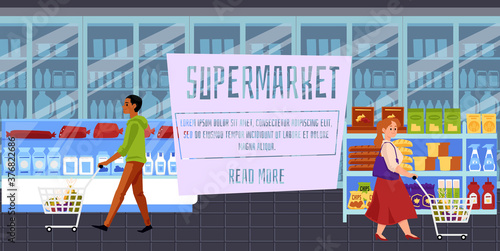 Online supermarket interface with people shopping goods vector illustration.