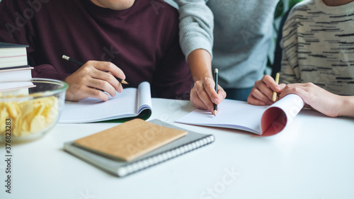 Vászonkép Group of young students tutoring and  catching up workbook with friends
