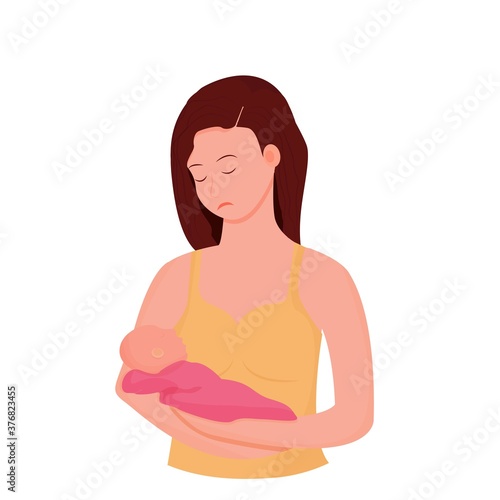 Unhappy, tired mother holding newborn baby. Postpartum depression concept illustration isolated on white background. Parenting difficult, maternity.