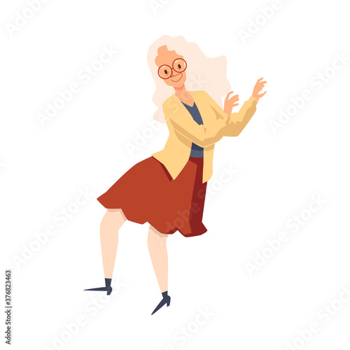 Cartoon old woman with glasses dancing and smiling