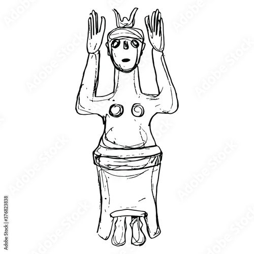 Cretan Minoan sculpture of ancient goddess with raised hands. Great Mother archetype. Hand drawn linear doodle rough sketch. Black silhouette on white background.