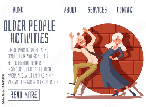 Older people activities site banner with seniors dancing flat vector illustration.