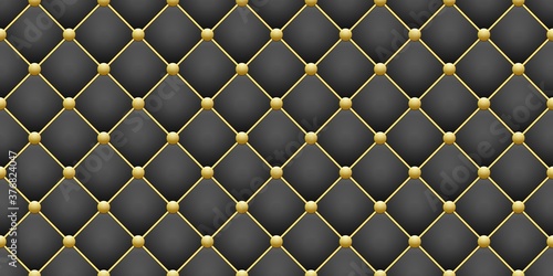 shiny gold round and black square rhombus geometric seamless pattern background, glitter golden button and dark leather upholstery texture, close-up stock vector illustration design element backdrop
