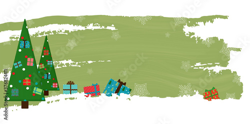 New Year vector banner with New Year trees and gifts.