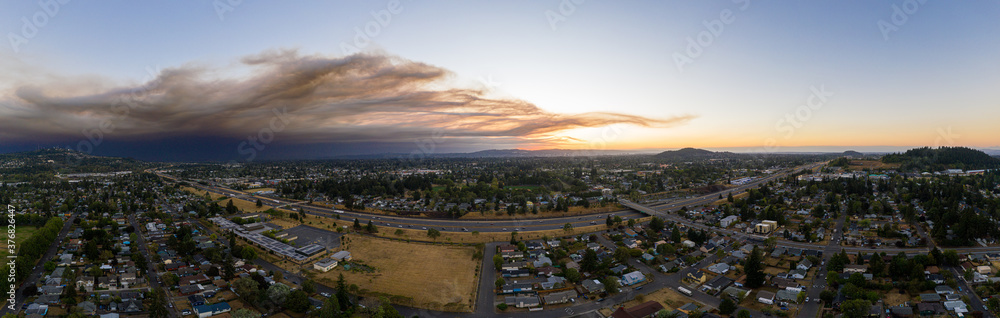 Oregon Fire Smoke over South East Portland at Dusk as Seen by Drone