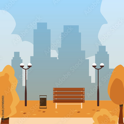 Autumn day in city park background, flat cartoon vector illustration.