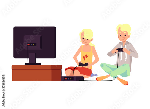 Boys friends playing video games on TV playstation vector illustration isolated.