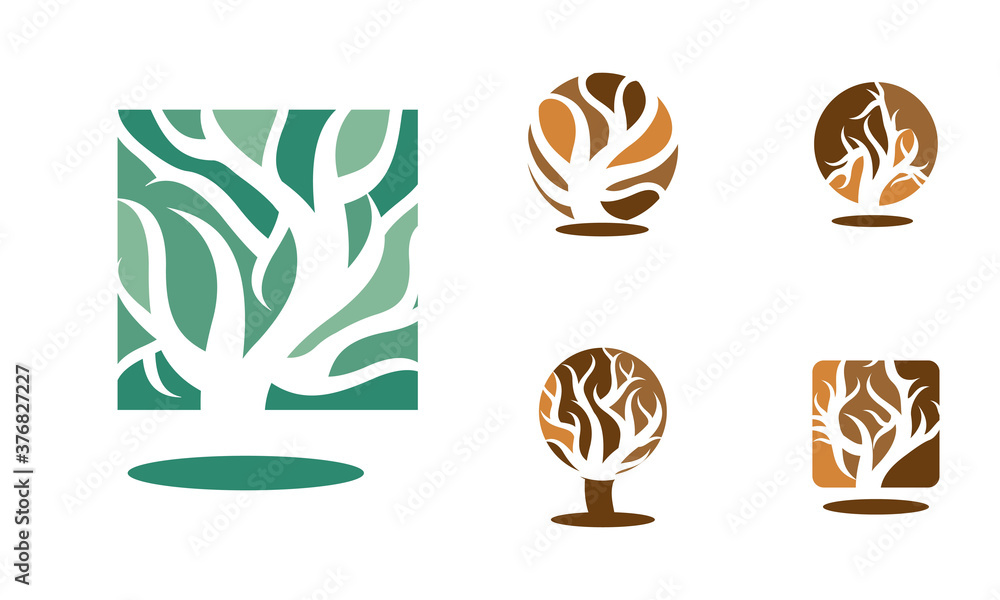 Tree logo icon set design. Garden plant natural symbols template. Tree of life branch with leaves business sign collection. Vector illustration Tree logo icon set design. Garden plant natural symbols template. Tree of life branch with leaves business sign collection. Vector illustration