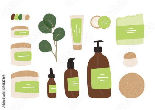 Flatlay Composition with leaf and natural organic cosmetic products in bottles,tubes and jars for skin care in a tray, solid shampoo and handmade soap. Skincare routine set. Flat vector illustration.
