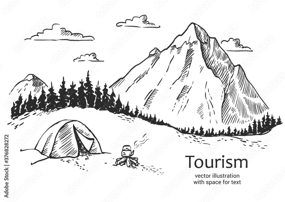 Plakat Vector vector illustration of nature. tourism. forest, mountains, tent in nature. landscape with forest and mountains. Illustration of tourism and recreation in the wild. hand drawn sketch