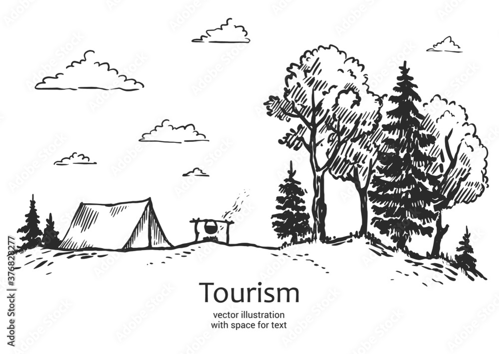 Vector vector illustration of nature. tourism. forest, tent in nature. landscape with forest. Illustration of tourism and recreation in the wild. hand drawn sketch - obrazy, fototapety, plakaty 