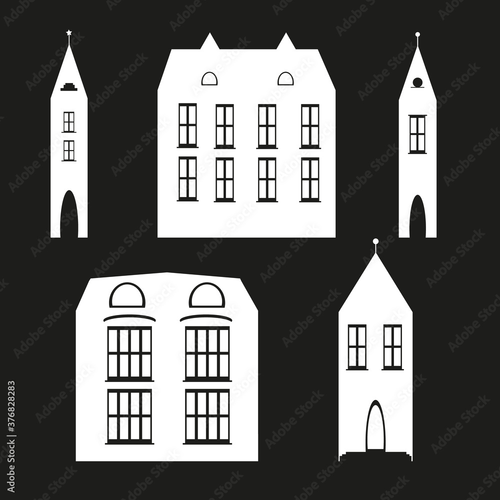Sketch collection with white house building outline on black background. White contour vector illustration.