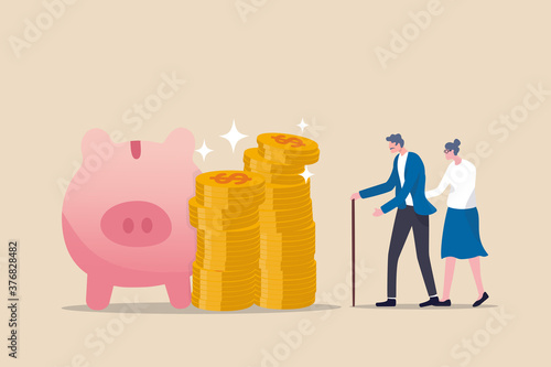 Retirement mutual fund, 401k or Roth IRA savings for happy life after retire and financial freedom concept, rich senior couple elderly man and woman stand with stacked of dollar coins pink piggy bank.