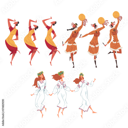 Ritual Dance Set, People of Different Nationalities Dancing Folk Dance Wearing Traditional Costumes Cartoon Style Vector Illustration