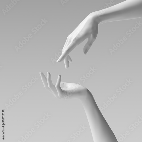 Abstract beautiful woman's hand sculpture isolated on yellow background. Palm up showing and presenting female art creative concept banner, mannequin arm 3d rendering photo