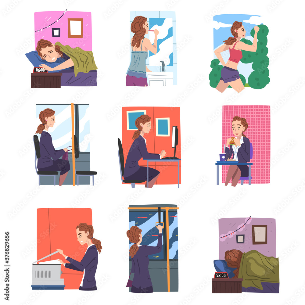 Businesswoman or Office Employee Daily Routine Set, Young Woman Waking Up, Having Breakfast, Working in Office on Computer Cartoon Style Vector Illustration