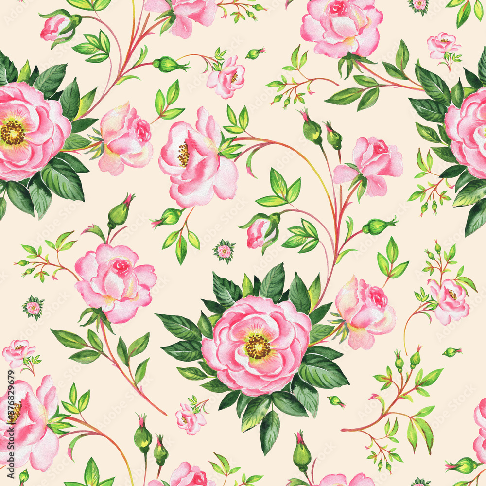 Seamless beautiful pattern wild roses drawn by paints on paper Seamless beautiful pattern wild roses drawn by paints on paper