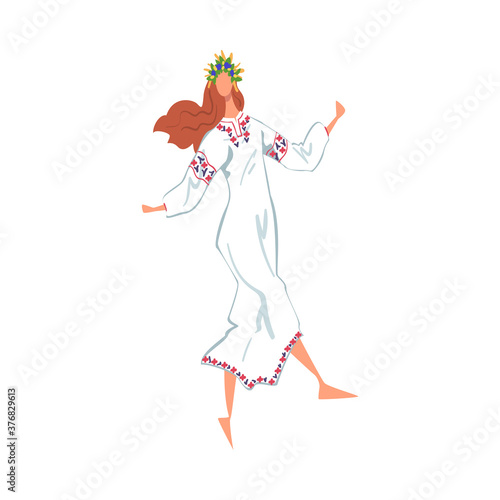Pagan Ritual Dance, Beautiful Slavic Girl Performing Folk Dance Wearing Traditional White Dress and Wreath of Flowers Cartoon Style Vector Illustration