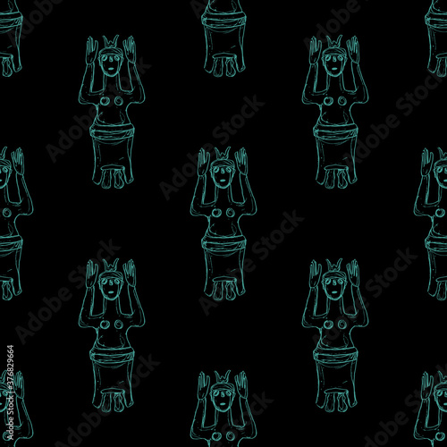 Seamless monochrome pattern with figurines of Minoan goddess. Hand drawn rough doodle sketches.