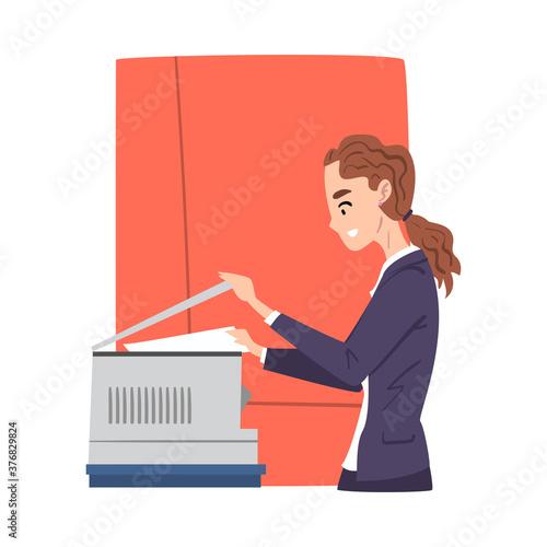 Young Woman Copying and Scanning Documents in Office, Businesswoman or Office Employee Daily Routine Cartoon Style Vector Illustration