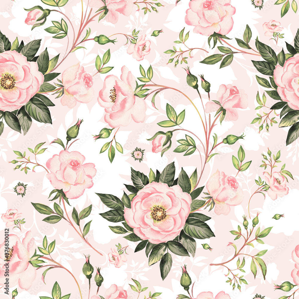 Seamless beautiful pattern wild roses drawn by paints on paper Seamless beautiful pattern wild roses drawn by paints on paper
