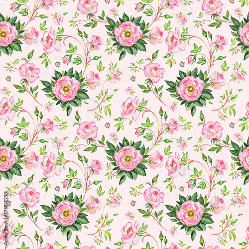 Seamless beautiful pattern wild roses drawn by paints on paper