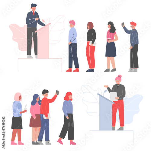 Politician Standing Behind Rostrum and Giving Speech Set, Public Speakers Giving Talk in front of Audience at Business Conference Vector Illustration