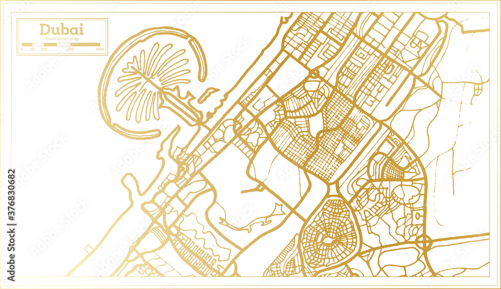 Obraz premium Dubai UAE City Map in Retro Style in Golden Color. Outline Map.