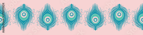 Peacock feather banner design in teal and pink. Cute vector seamless repeat exotic bird feathers border.