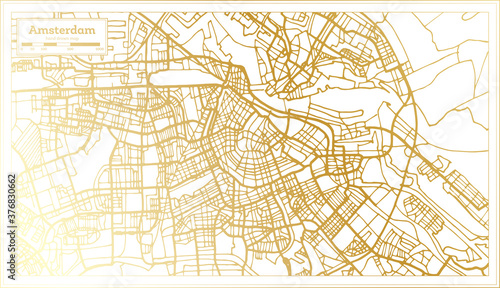 Amsterdam Holland City Map in Retro Style in Golden Color. Outline Map.