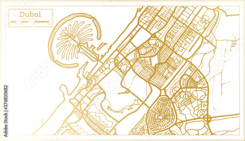 Dubai UAE City Map in Retro Style in Golden Color. Outline Map.