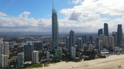 SkyPoint Observation Deck With Blue Sky Snd Clouds On Summer- Q1 Tower At Surfers Paradise - Gold Coast, Queensland, Australia.  - aerial drone shot photo